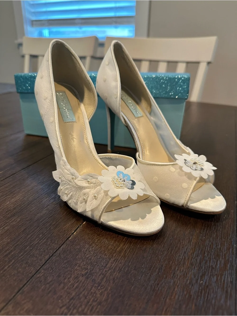 Betsey Johnson Anise Ivory Floral Embellished Heels with Box